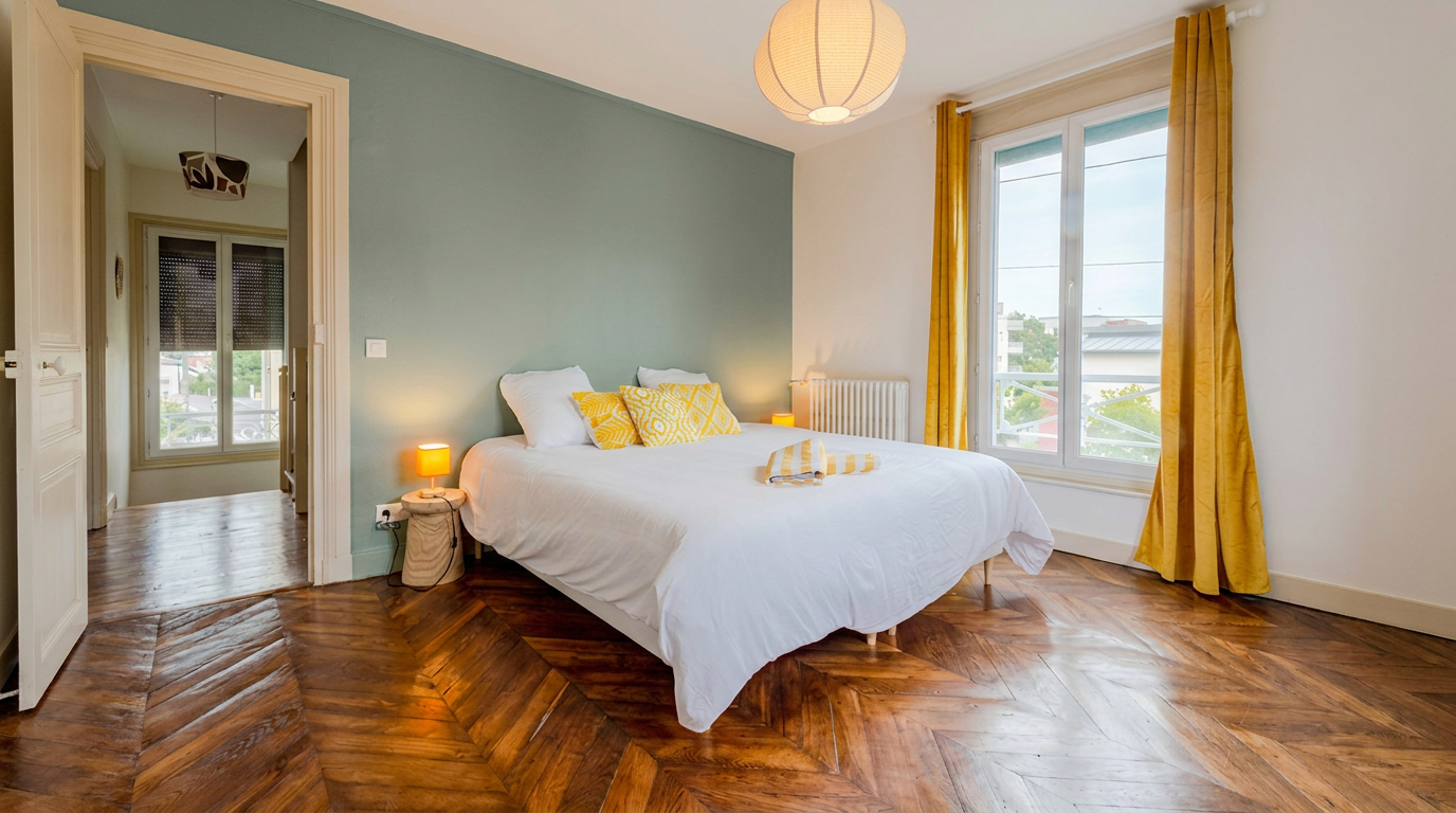 Chambre-amis-vert-eau-peinture-tollens-avec-un-parquet-massif