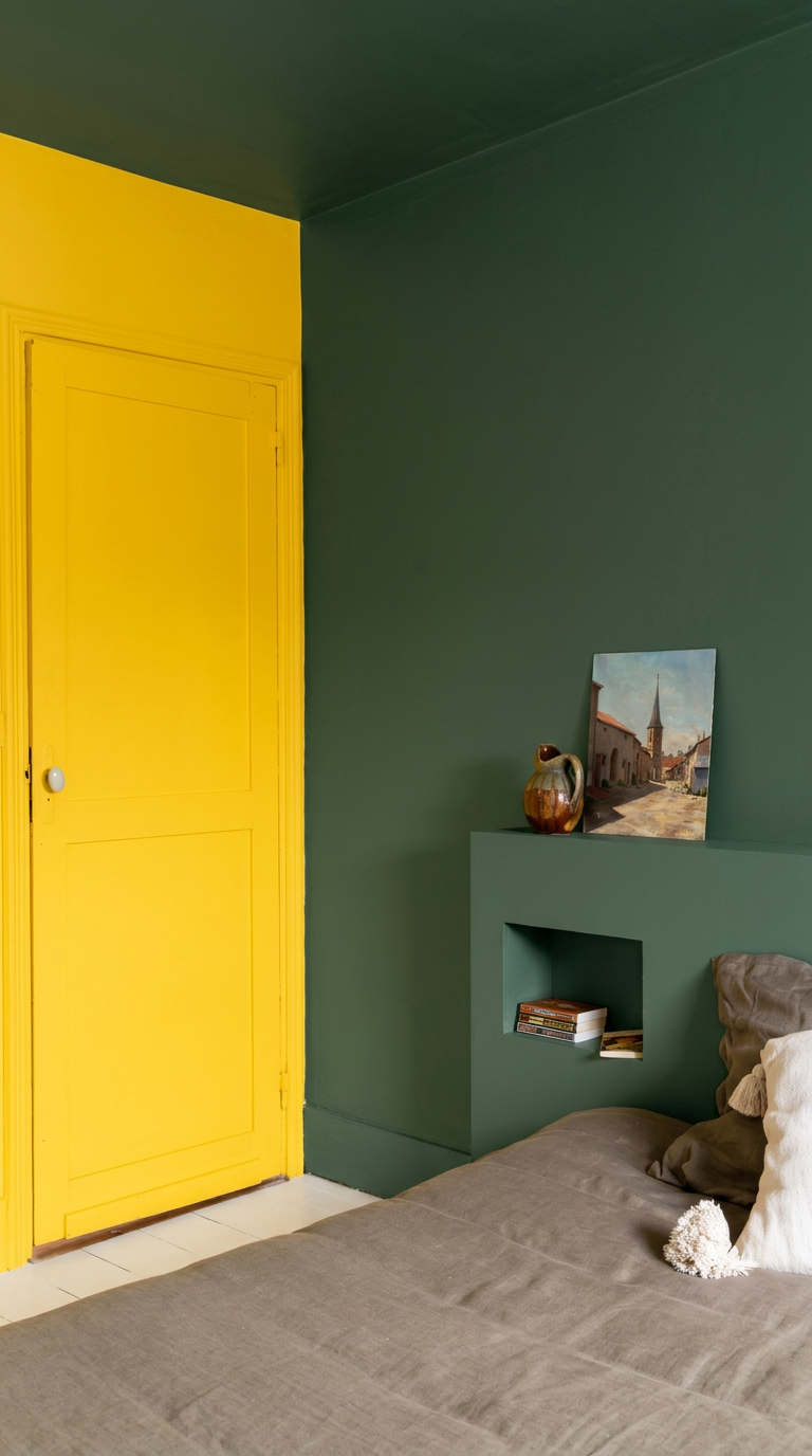 Chambre parentale avec mur et plafond couleur vert broceliande, mur et porte couleur jaune colour-block, peinture Tollens