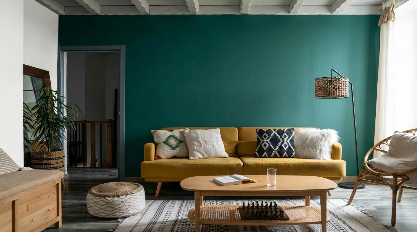 Salon bleu canard avec du jaune tendance moderne avec la peinture TOLLENS