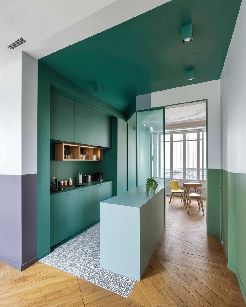 Cuisine bleu canard et verte tendance avec de la peinture TOLLENS