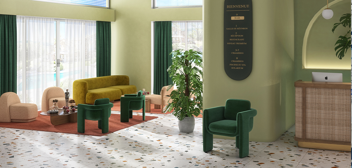Accueil/réception d'un hôtel peint en peinture Tollens en vert Acétone du nuancier Cromology