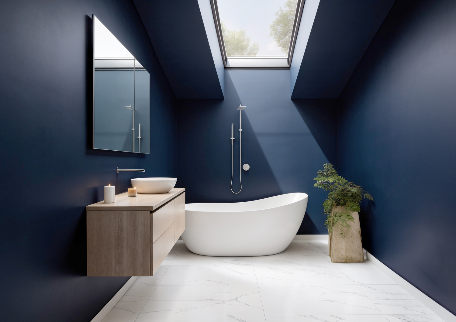 Peinture bleu marine salle de bain, peinture bleu foncé salle de bain baignoire