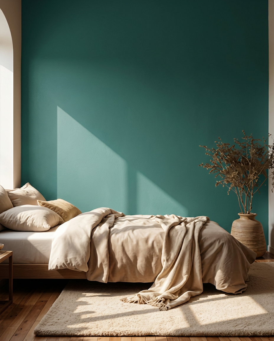 Chambre moderne avec une peinture couleur bleu canard de la marque TOLLENS