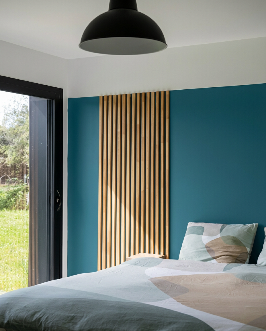 Chambre d'amis moderne avec une peinture couleur bleu canard de la marque TOLLENS
