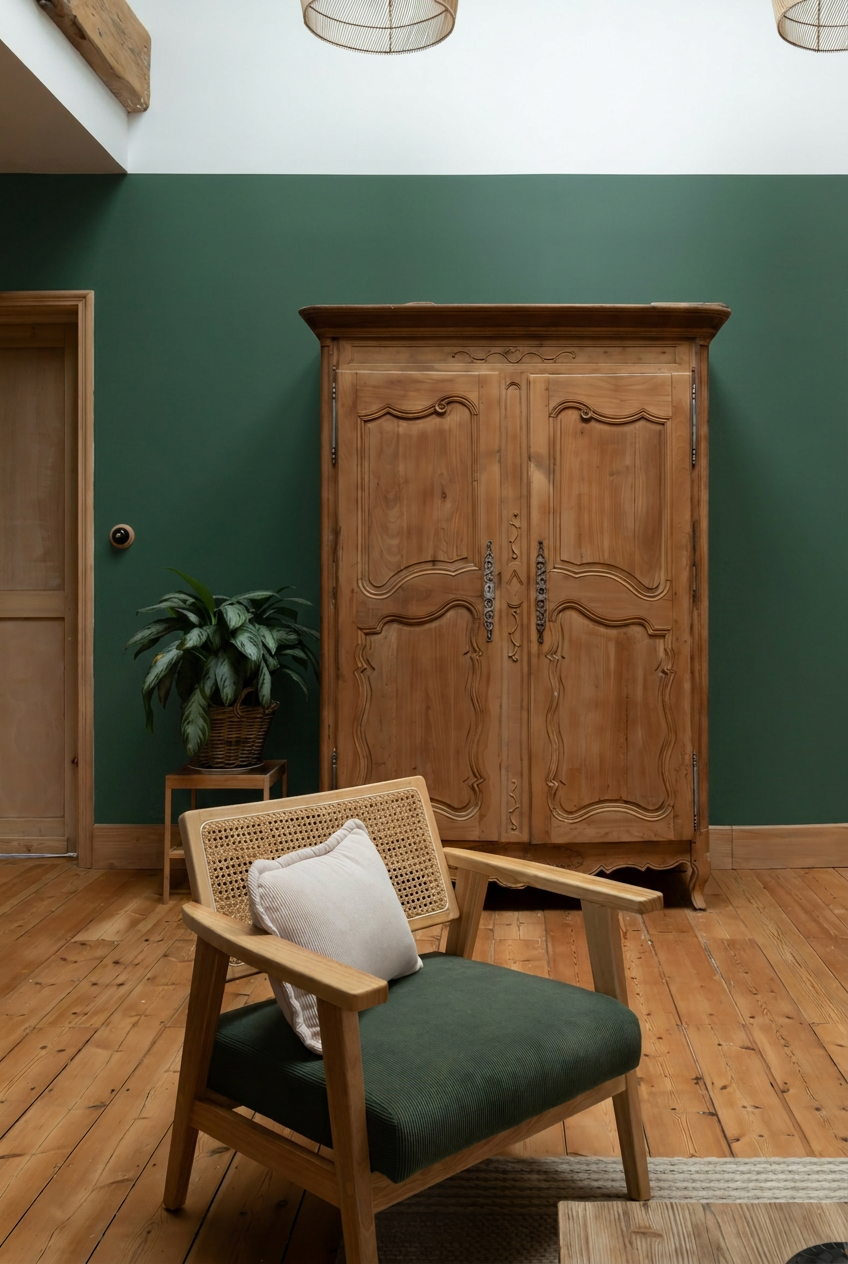 Peinture vert kaki foncé, mobilier bois intérieur, décoration maison de famille, couleur peinture vert et marron