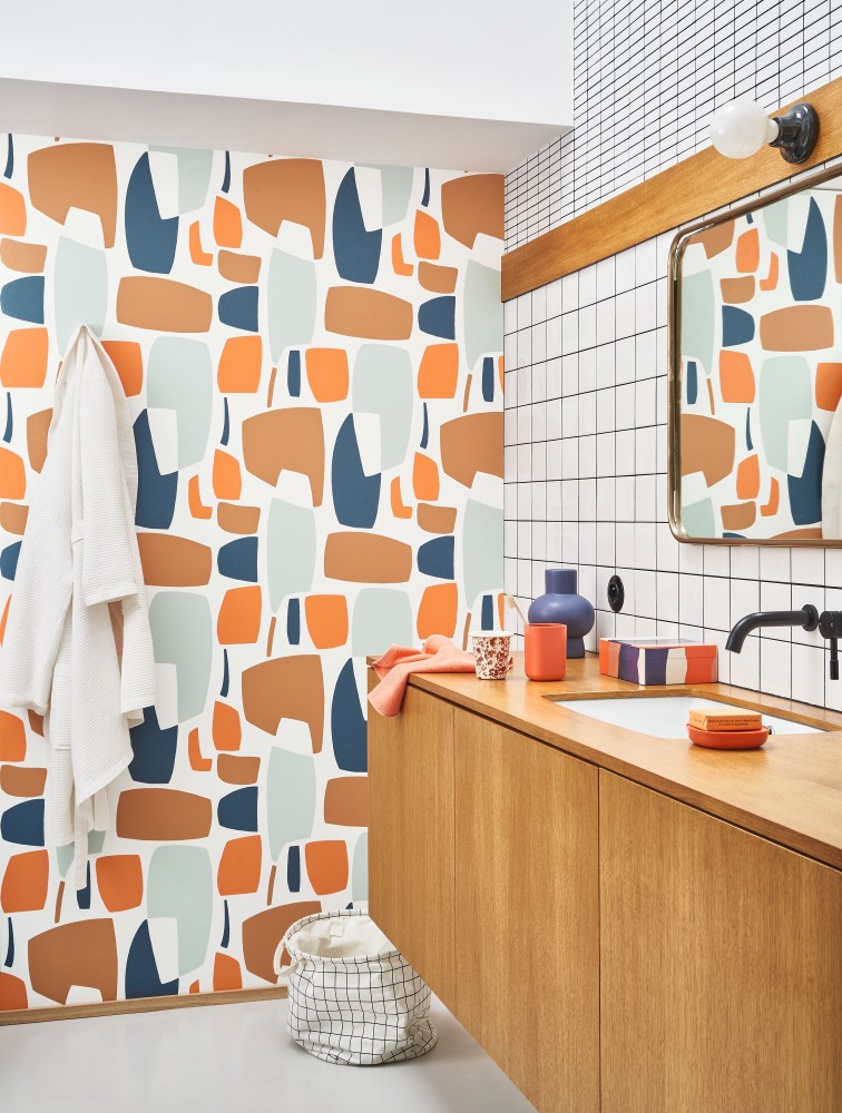 Papier peint salle de bain coloré vintage, papier peint rétro, Casadeco