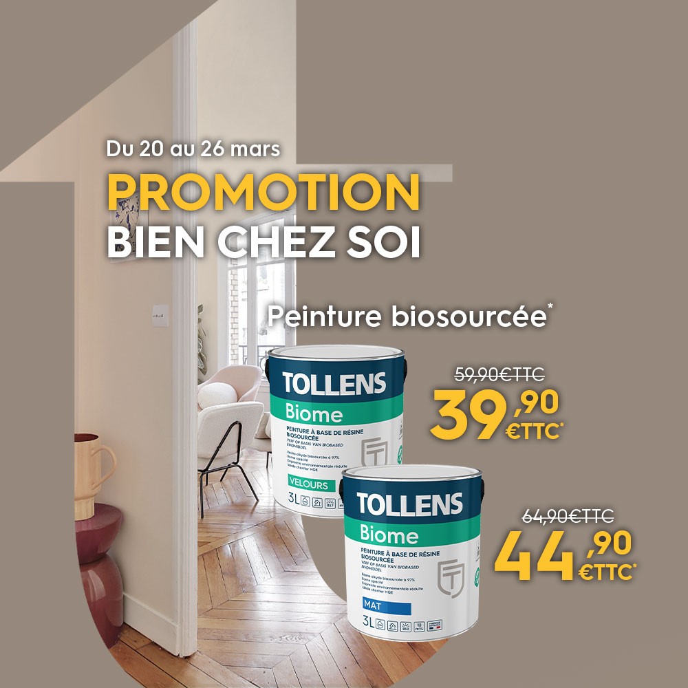 Promotion sur la peinture biosourcée en magasin Tollens et en ligne