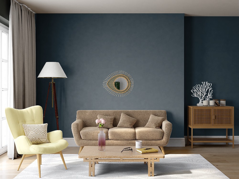 Peinture gris bleu foncé, peinture gris foncé, peinture salon, salon style bord de mer, couleur Tollens Building