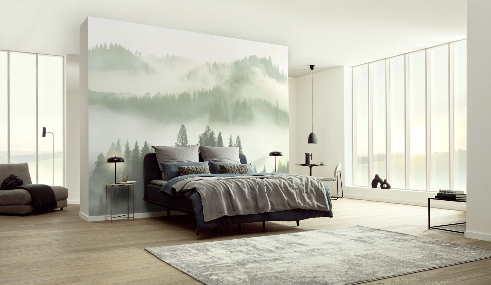 Papier peint panoramique montagne sapin, papier peint chambre adulte, papier peint tête de lit