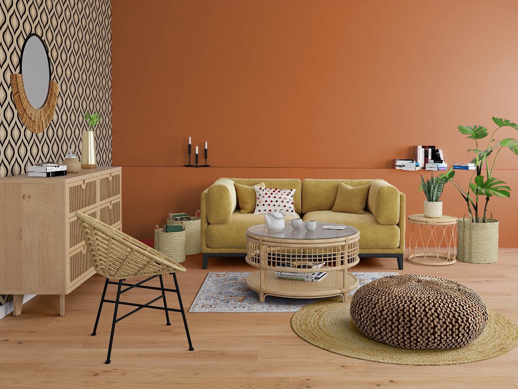Salon terracotta cognac, décoration intérieure, Tollens