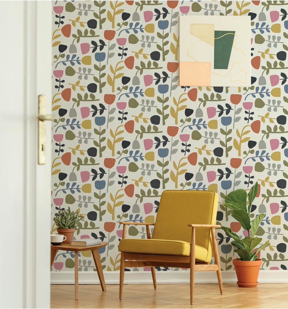 Papier peint fleurs graphiques contemporain, papier peint coloré, papier peint multicolore, papier peint entrée couloir, Lutèce et Tollens