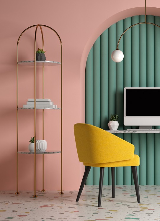 Inspiration d'un bureau rétro rose et vert avec un revêtement mural à effet déco