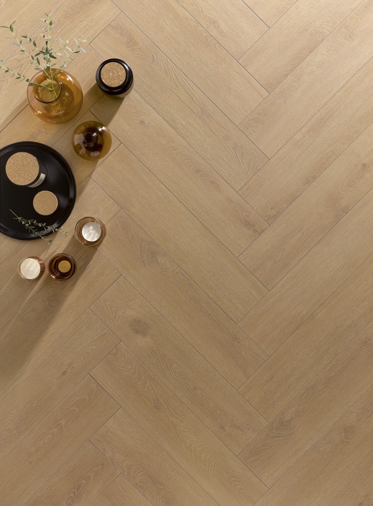 Sols stratifié Déco Calisson, effet parquet, chevron couleur bois naturel, résistant à l'eau