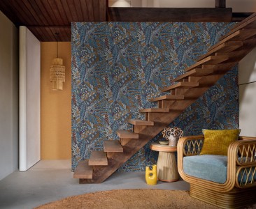 Papier peint jungle bleu, papier peint végétal abstrait, Casamance et Tollens