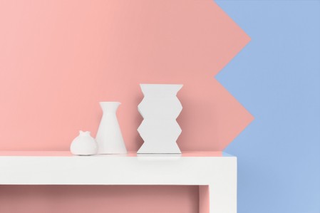 Couleur de l'année Pantone 2016 : Rose Quartz et Serenity. Pièce de vie, console, rose et bleu, peinture Tollens