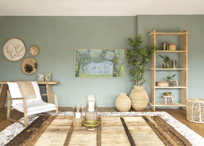 Peinture de la marque Flamant by Tollens, nuance Marais, disposée sur le mur du fond de la pièce à vivre, ambiance naturelle et moderne avec des éléments en bois pour la décoration.