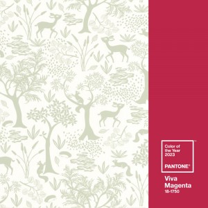 Association couleur de peinture Viva Magenta, Pantone 2023, et papier peint Casadeco. Conseil déco Tollens