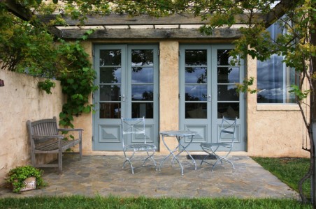 Façade, volets bleus, Embruns bleutés, terrasse, peinture Tollens