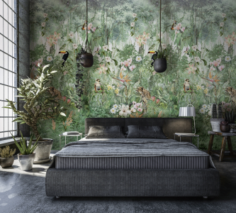 Papier peint panoramique en tête de lit, motif jungle dans une chambre pour adulte, de la marque Sedim, modèle Smart Art - Tollens