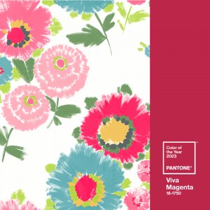 Association couleur de peinture Viva Magenta, Pantone 2023, et papier peint Lutèce. Conseil déco Tollens