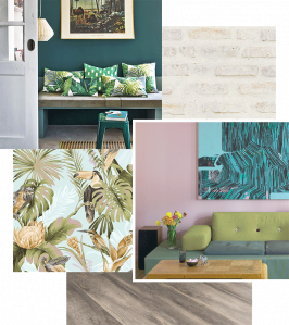 Moodboard peinture, papiers peints, sols, tendance Nature Bohème - Photos : Tollens, As Création, Montecolino
