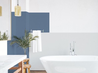 Peinture salle de bain finition satin moderne 3 couleurs : Bleu fjord, Galet d'Etretat et blanc