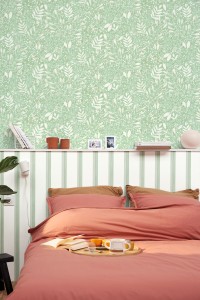 Papier peint tête de lit, papier peint fleuri vert, papier peint vert d'eau, papier peint rayé, Caselio