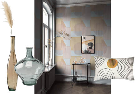 Papier peint Memphis, Au Fil des Couleurs, moodboard abstrait, tendance déco Tollens, coussin La Redoute, vases Made