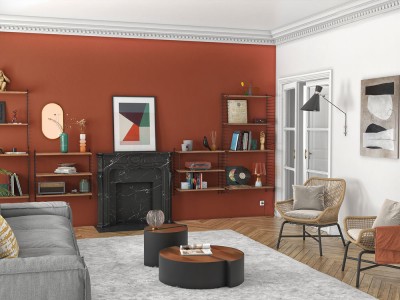 Salon séjour terracotta refait en peinture Tollens avec une cheminée effet marbre noir