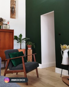Pièce à vivre en vert foncé anglais, couleur Lekeitio, nuancier Totem, peinture Tollens