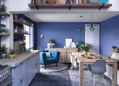 Murs de la cuisine peints avec la peinture bleue du nuancier Cromology de Tollens, teinte CR4098-2-Violette-de-Toulouse