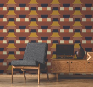 Salon ambiance 70s, inspiration Tollens collection Bensimon, meuble en bois et parquet, tissu à motif