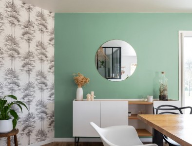 Mur vert salon jungle, couleur Rosée matinale Tollens, peinture verte, Simulation couleur peinture en ligne