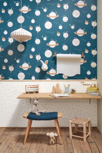 Papiers peints Our univers bleu et In your eyes blanc, Caselio, chambre d'enfant, site Tollens