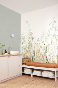 Papier peint intissé, idéal pour la salle de bain, papier peint panoramique fleuri prairie pour salle de bain, Caselio