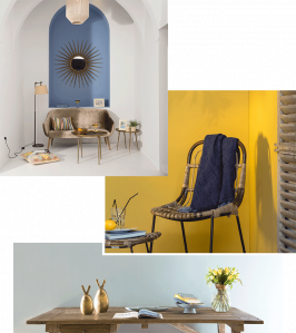 Moodboard visuels déco Tendance Bord de mer, teintes : Copenhagen Blue, Bikini, Oceane, Flamant by Tollens