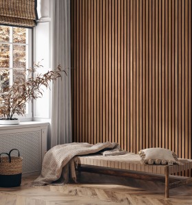 Papier peint 3D effet tasseaux de bois en magasin Tollens