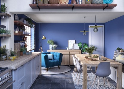Cuisine, salle-à-manger bleue, teinte Violette de Toulouse, nuancier Cromology, peinture Tollens