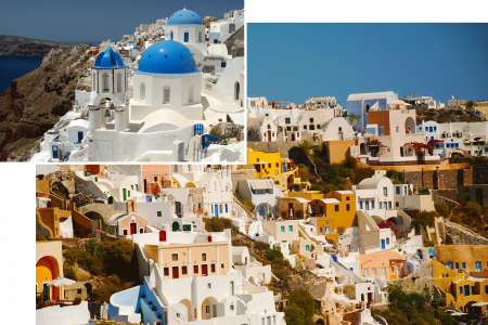 Moodboard palette de couleurs Santorin, site Tollens, photos : EzPzPics et Hbieser de Pixabay