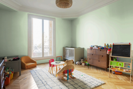 Chambre d'enfant, de bébé, en vert Provence, peinture Tollens