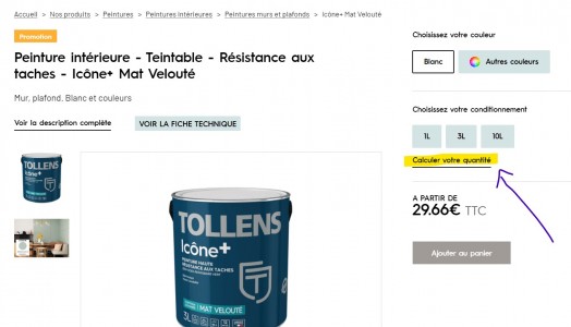 Calcul quantité de peinture en ligne sur le site TOLLENS PARTICULIERS