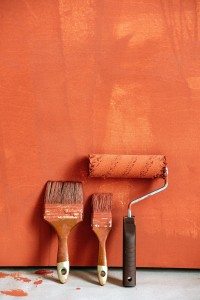 Pinceaux et manchon peinture avec rouleau sur mur ocre - Tollens