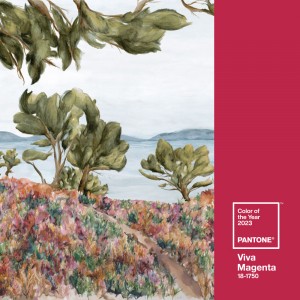 Association couleur de peinture Viva Magenta, Pantone 2023, et papier peint panoramique Casamance. Conseil déco Tollens
