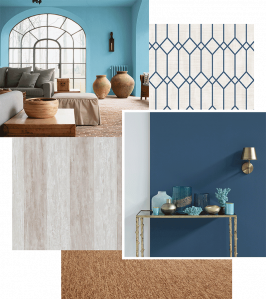 Moodboard visuels déco papiers peints et sols, Tendance Bord de mer - photos : Flamant, Tollens, Montecolino