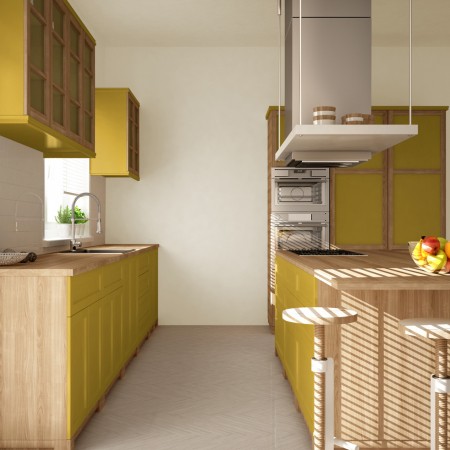 Peinture cuisine finition satin couleur peps jaune avec un neutre Ecorce de gingembre