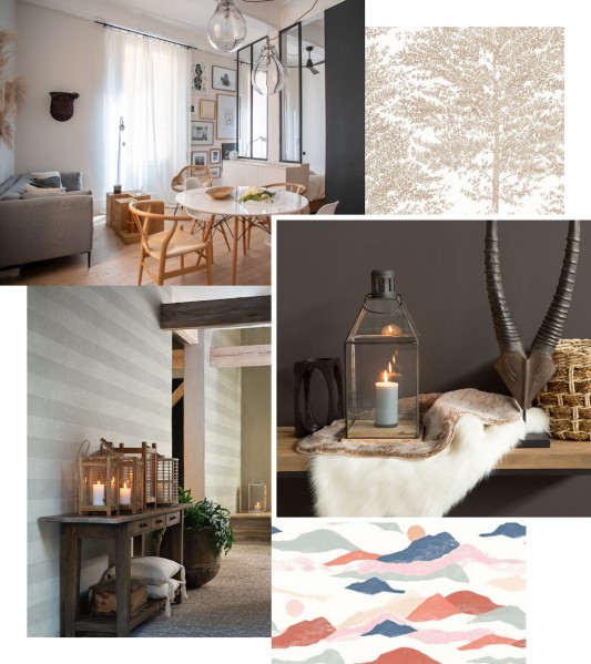 Moodboard tendance hygge Tollens et Flamant : peintures, couleurs et papiers peints, pièces à vivre