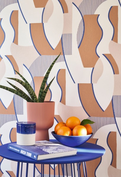 Papier peint géométrique bleu, Casadeco chez Tollens