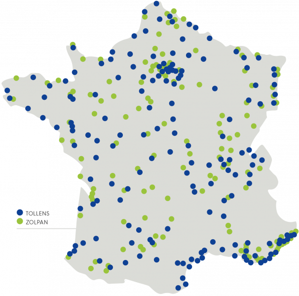 Carte des magasins de peinture Tollens et magasins de peinture Zolpan unis pour les clients particuliers et professionnels