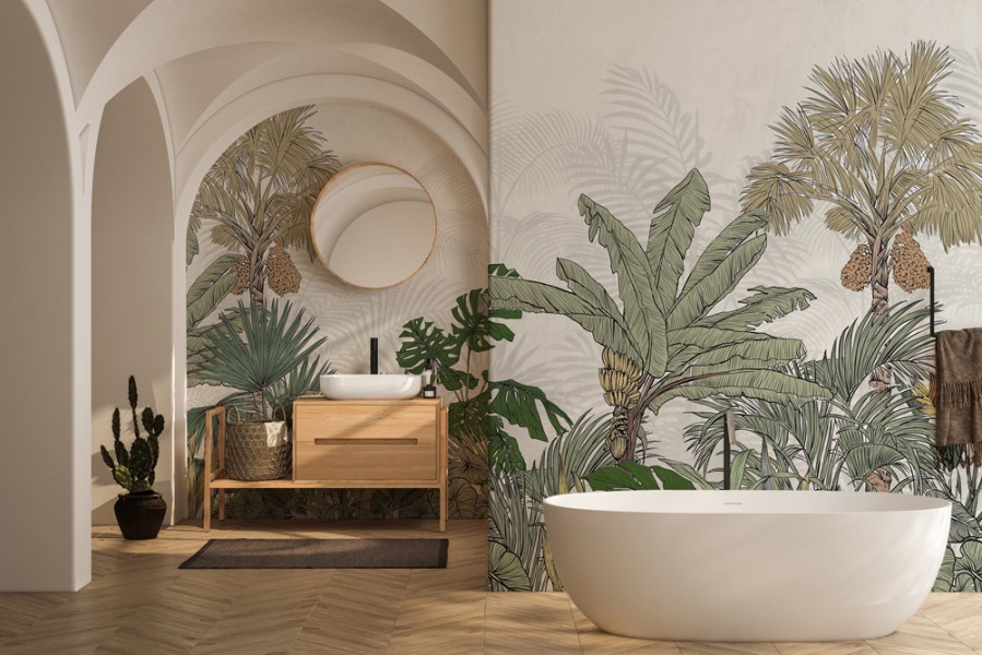 Papier peint panoramique salle de bain jungle, végétal