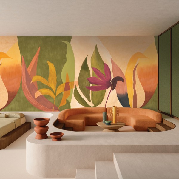 Papier peint panoramique XXL motifs abstraits, papier peint vert terracotta jaune, Casamance chez TOLLENS
